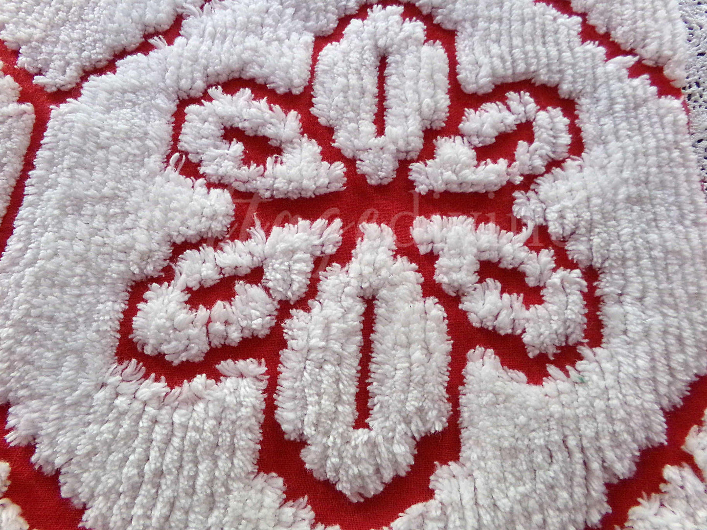 Festive Red Chenille Fabric in Vintage White Daisy Design, 19" x 26" Inch Piece, Unique Geometric Design, Ideal for Festive Crafts
