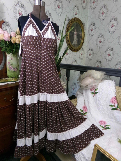 Vtg Gunne Sax Halter Dress Rare Brown Oak Acorn Print Boho Prairie Sundress