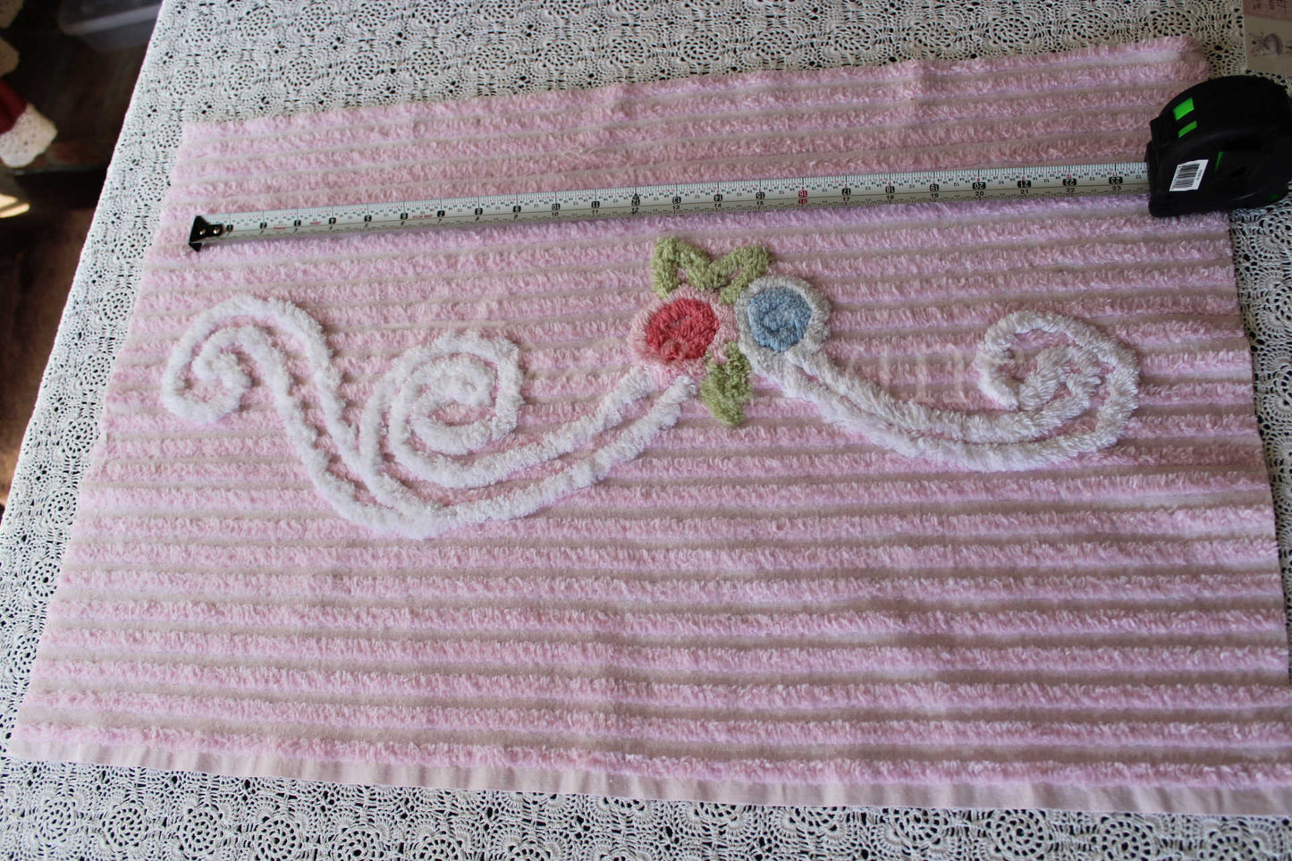 Simple Pink Floral Scroll Vintage White Chenille Fabric, 26" x 17" inch Piece, Great for Pillow Front