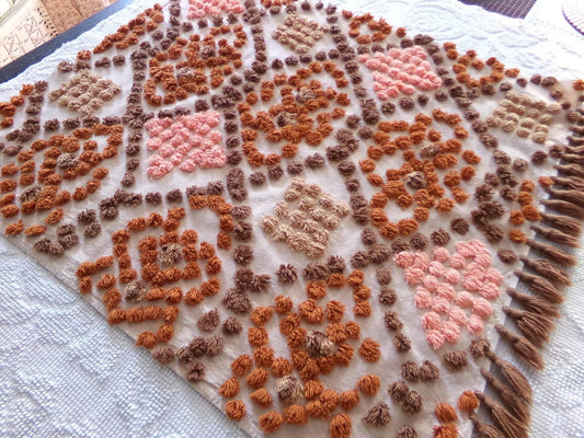 boho vintage chenille fabric, earthtones toasted brown, rust, sunset peach, 21" x 24" cut piece hippie style cotton sewing material