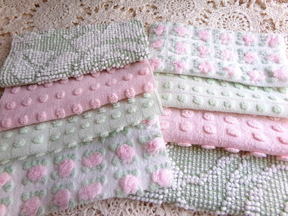 vintage pink & green chenille fabric squares, "breath of spring", rotary cut from vintage chenille bedspreads, set of 16 Blocks 6" x 6" inch