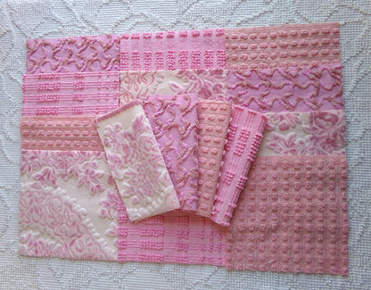 lux pink velvet & chenille fabric squares, set of 16 texturized vintage craft quilt blocks 6" inches for quilt inlays, pillows, fiber arts