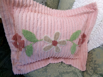 romantic cottage chenille pillow sham, vintage style daisy floral on pink cotton with envelope back, SINGLE, not a pair