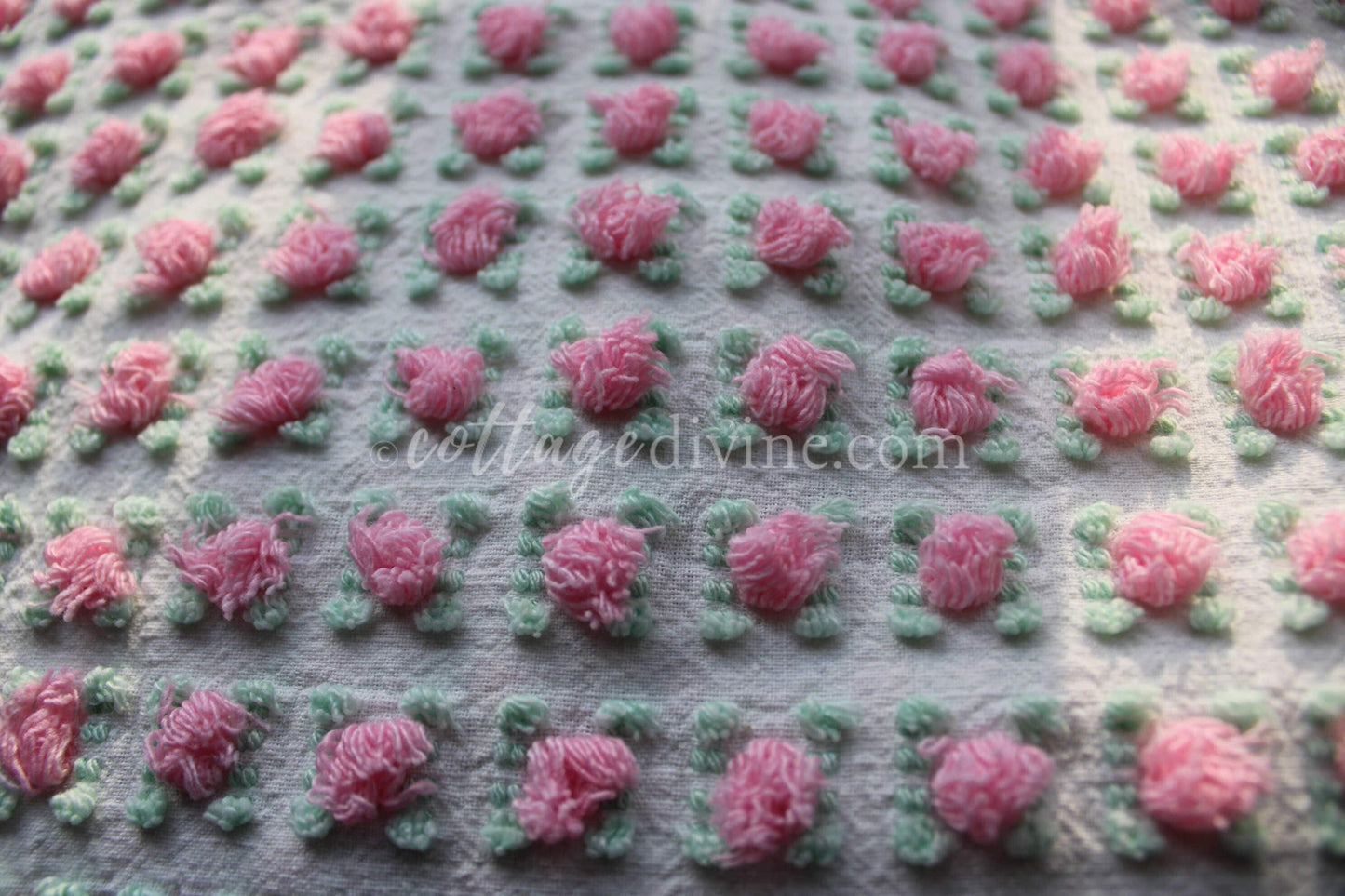 Popular Pink Rosebud Vintage Chenille Fabric, 20" x 24" inch piece, Morgan Jones Roses, a quilter's favorite