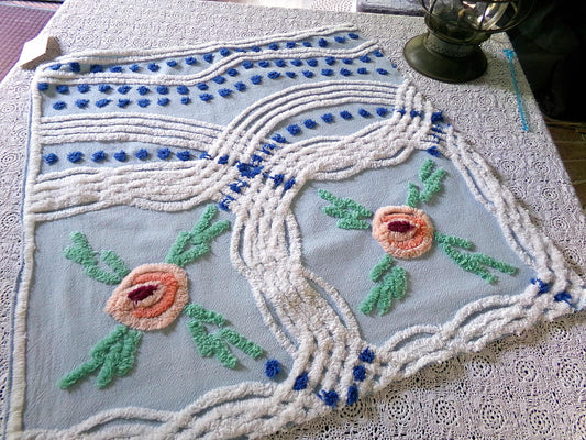 Cottage Style Blue Chenille Fabric, Pretty Pink Roses, 23" x 21" inch Piece, Great for Handmade Quilts & DIY Pillow Covers