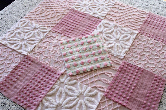 Prettiest Pink Quilt Squares, Daisy Rose Craft Square Set from Vintage Chenille Bedspread Fabric, 17 Blocks, 6" x 6" inch