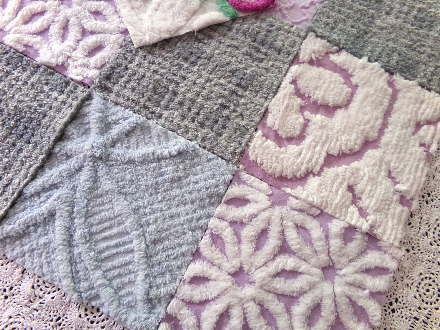 Sweet Dreams Vintage Chenille Fabric Squares, in Grey, Lilac, White & Blue, Set of 17 Blocks, 6" Each for Quilts, Crafts