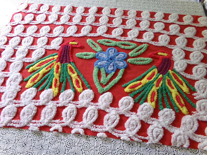 Vintage Peacock Chenille Bedspread Fabric, Pair of Lovebirds on Vivid Red & White Curlicues, 31" x 20" inch Piece, 100% Cotton