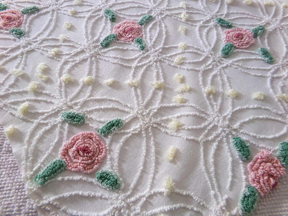 Shabby Cottage Rose Chenille Fabric, Vintage Thin Lightweight Cotton Sewing Material in Pink Florals on White, 21" x 26" inch Piece