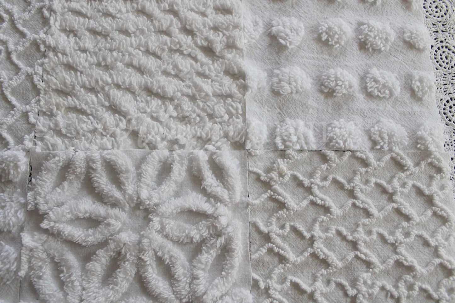 Snow Angel White Chenille Quilt Squares Set from Vintage Bedspread Fabric, 16 Blocks, 6" x 6" inch