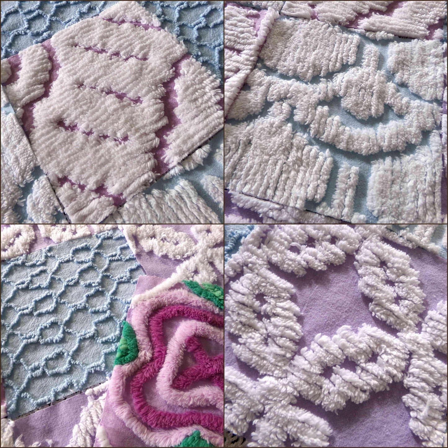 sleep softly chenille fabric squares, serene blue, lilac & white, 17 vintage quilt blocks 6" x 6" inch, for pillows, quilting, crafts