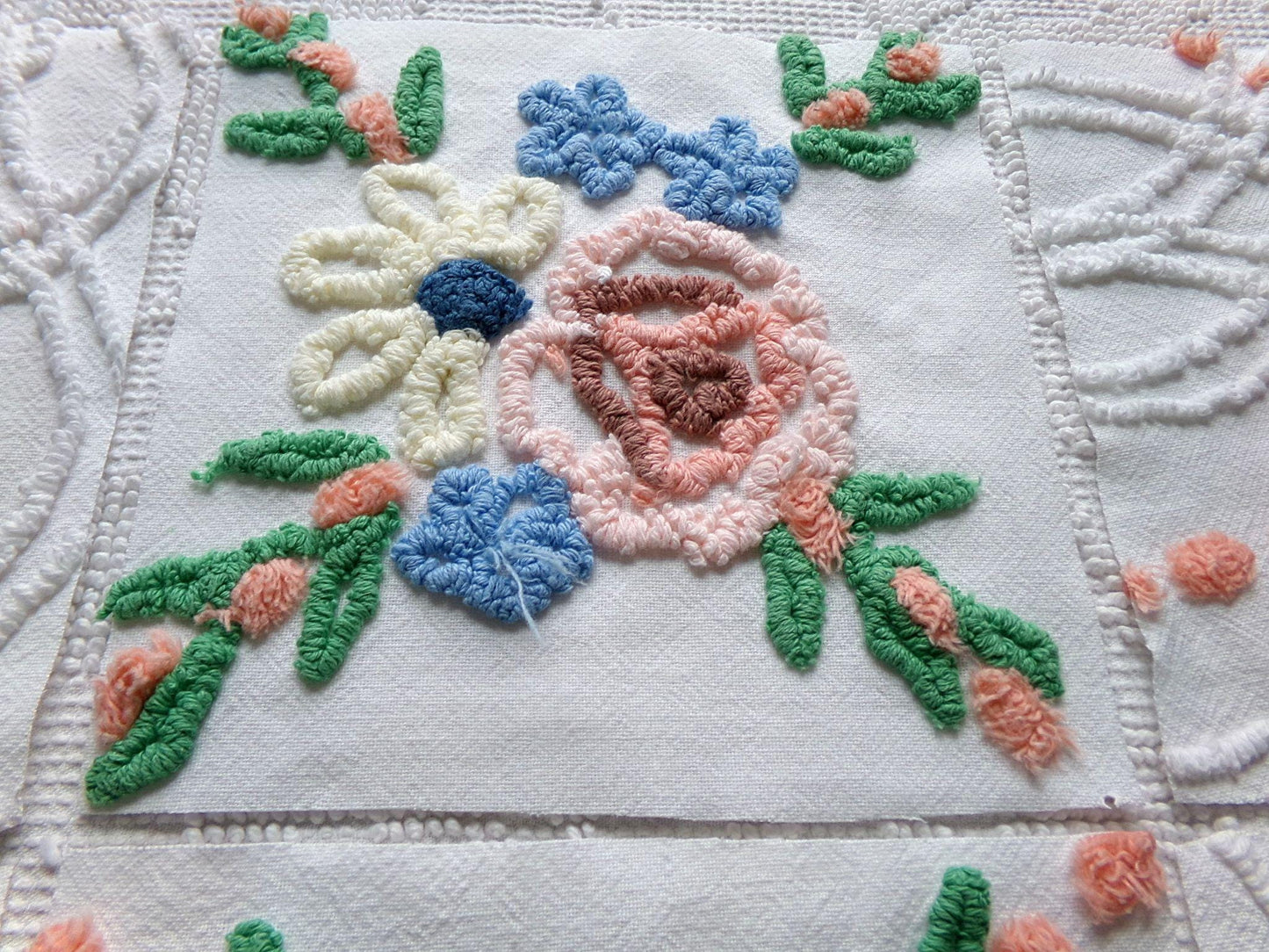cottage style chenille fabric squares, set of 6 vintage 7.5" quilt blocks, peach, white rose floral & geometric for sewing, crafts, quilting
