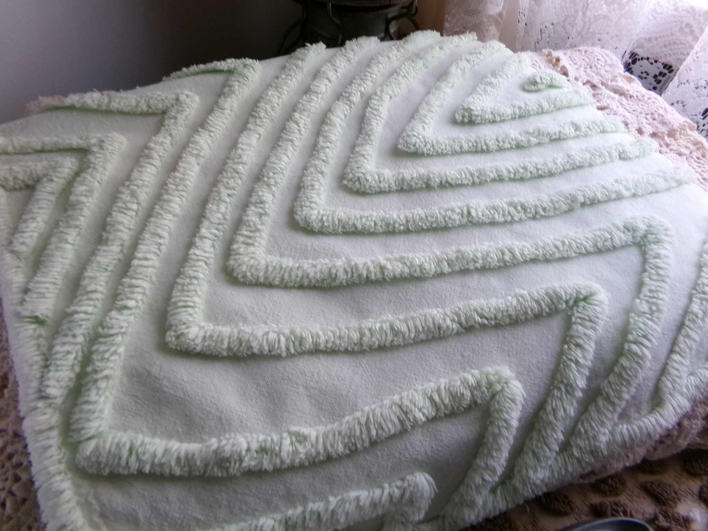 Optic Illusion Green Vintage Chenille Fabric, Mountain Peak Design, 29" x 16" Inch Piece, Sewing Material for Pillows & Quilts