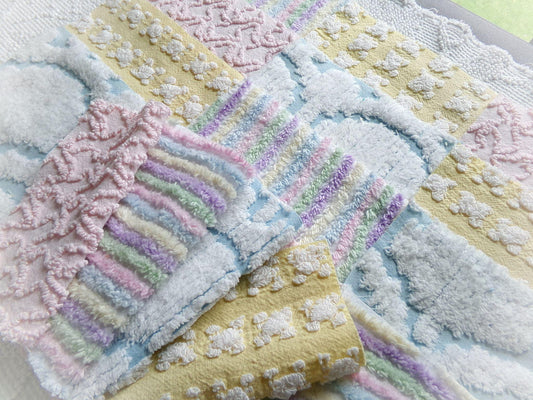 fairyland chenille fabric squares, 16 vintage 6" quilt blocks in pastel rainbow, pink & yellow rosebud, for sewing, crafts, fiber arts