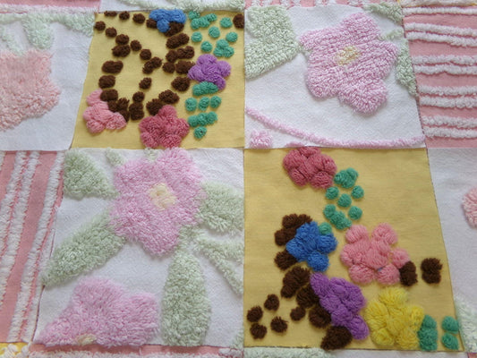 springtime floral chenille fabric squares, set of 16 vintage floral 6" craft blocks, flowers & stripes for quilt inlays, pillows, fiber arts
