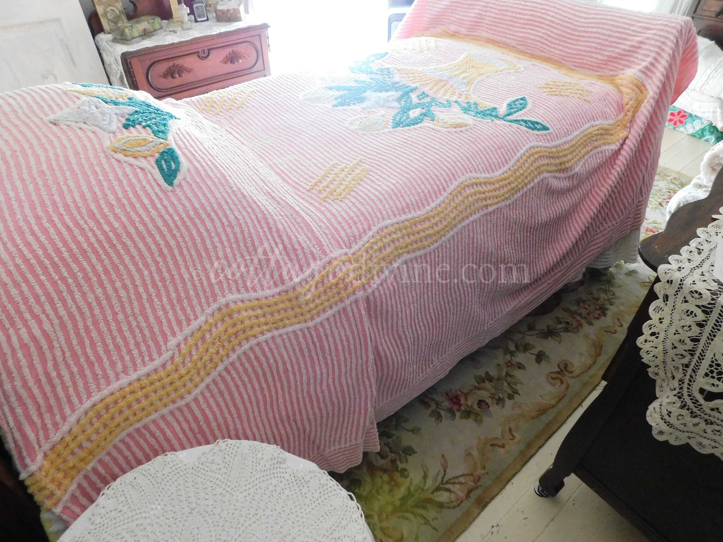 Vintage Chenille Bedspread, Giant Flower Basket on Pink, Full Size, 100% Cotton, Shabby Cottage Bedding