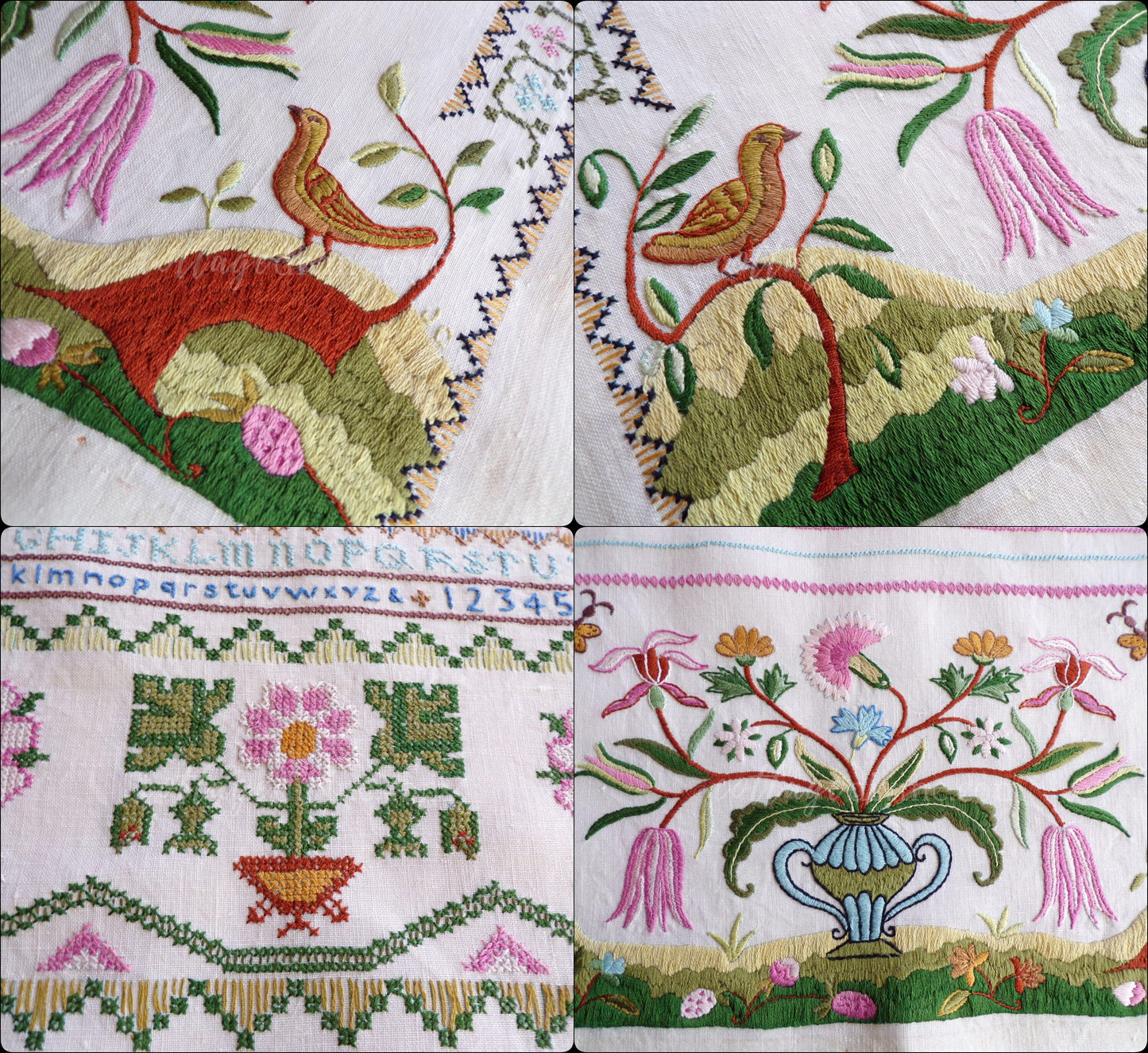 Shabby Vintage Linen Embroidery Sampler, Jacobean 1773 Cooper Hewitt Museum, 0860 Paragon Stitchery, Hand Embroidered, Completed