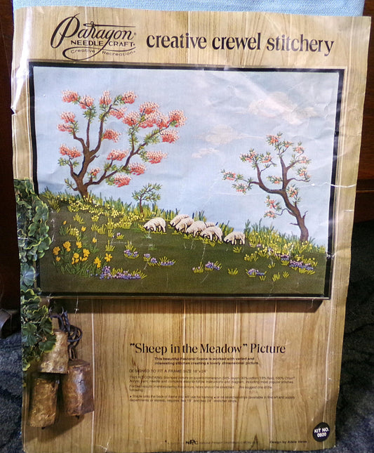 SHEEP in the MEADOW Crewel Embroidery Kit, Vintage Paragon Needlecraft 0920, Pastoral Scene