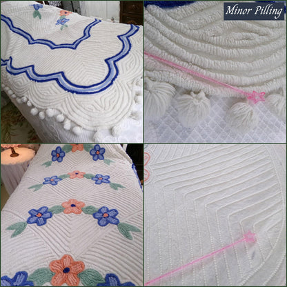 wonderfully plush white chenille bedspread in cozy arched floral design, cute pom pom trim, full size vintage cottage style bedding