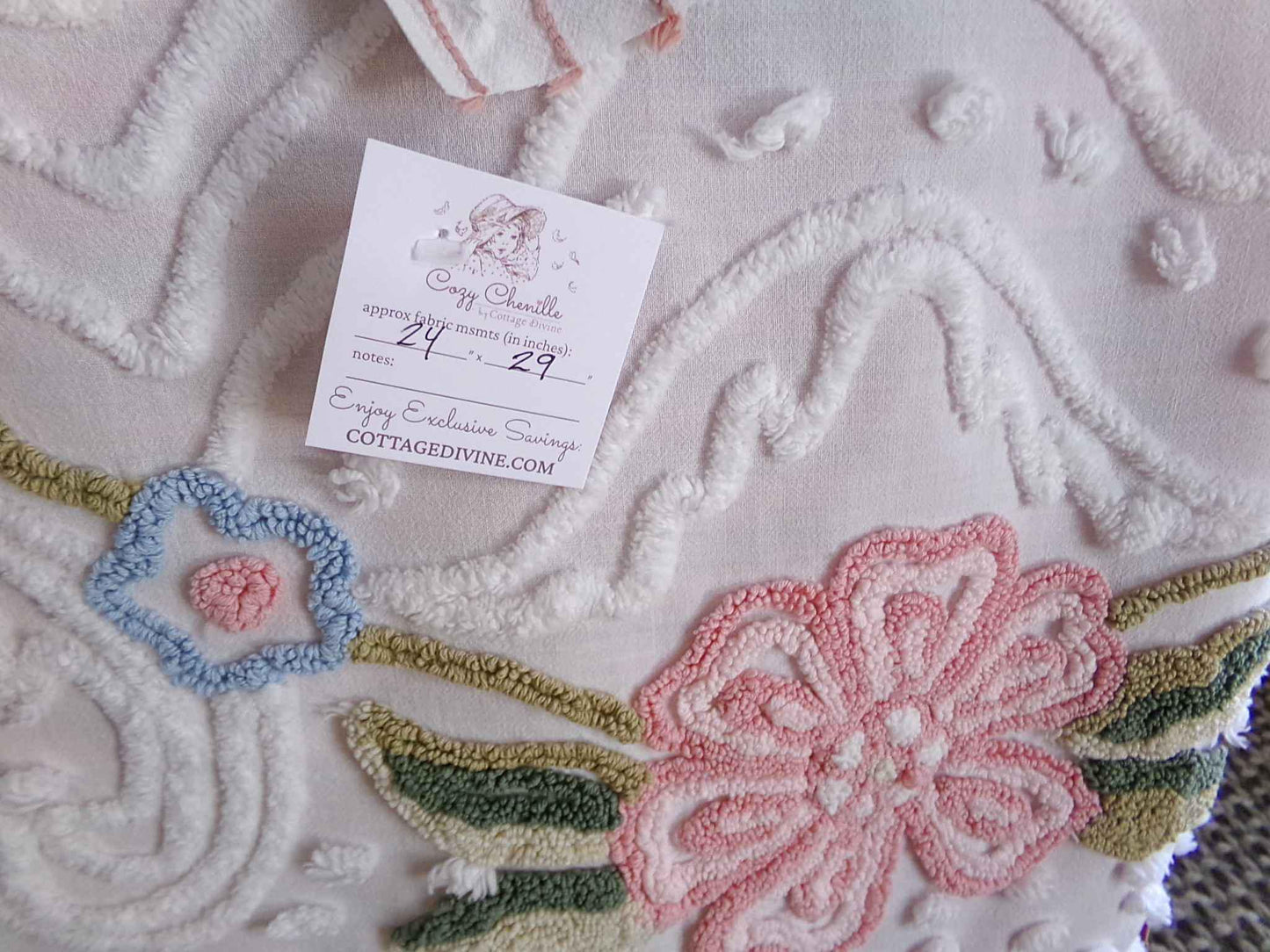 Dreamy Florals Vintage Chenille Material, 29" x 24" inch Fabric Piece, Beautifully Tufted Spring Flower Design on White Cotton