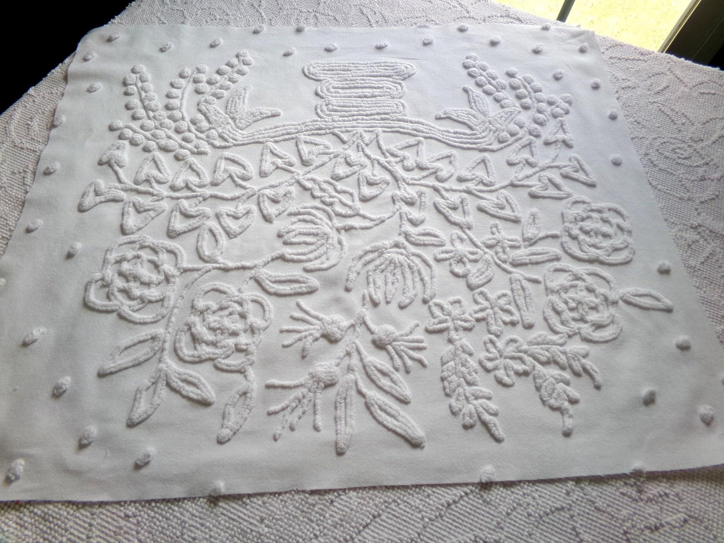 exquisite bride's basket vintage chenille fabric, white floral design is lovely material for quilts, wall hanging, crafts, 25" x 21" piece