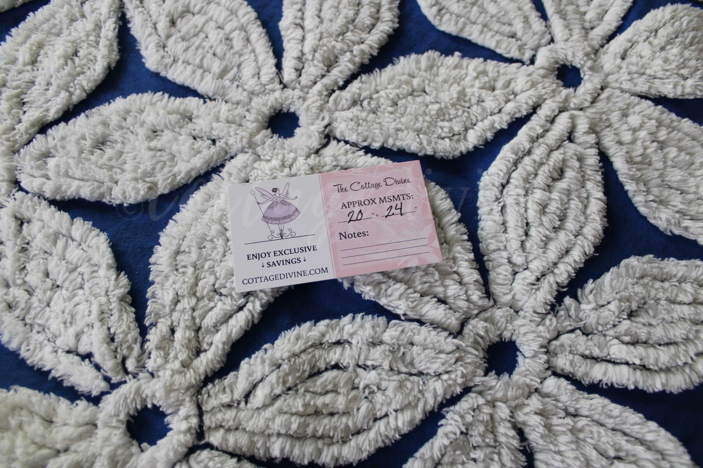 vintage chenille fabric, big beautiful white daisies on dramatic cobalt blue, 20" x 24"' inch piece, plush abstract coastal floral pattern