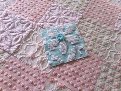 cottage garden chenille fabric squares, vintage craft square set of 17 quilt blocks, 6" x 6" inch, ideal in handmade chenille quilts, crafts