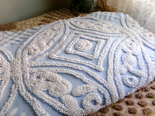 Cottage Chic Chenille Fabric, Vintage Porcelain Rose Floral on Sky Blue, 22" x 33" inch Piece, Ideal for Shabby Pillows & Quilts
