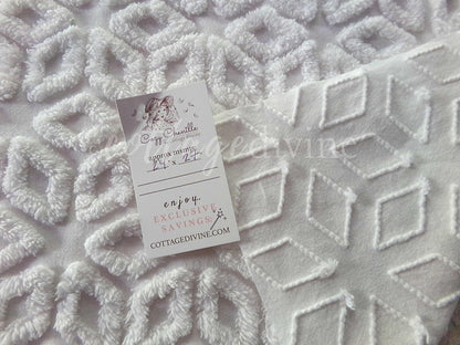 Snowflake Wedge White Vintage Chenille Fabric, 27" x 24" Piece, Snowy Geometric Wedge Daisy Design