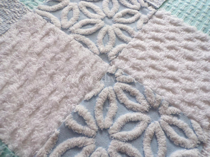 Barefoot on the Beach Chenille Quilt Squares Set from Vintage Bedspread Fabric, 16 Blocks, 6" x 6" inch, Coastal Blues & White