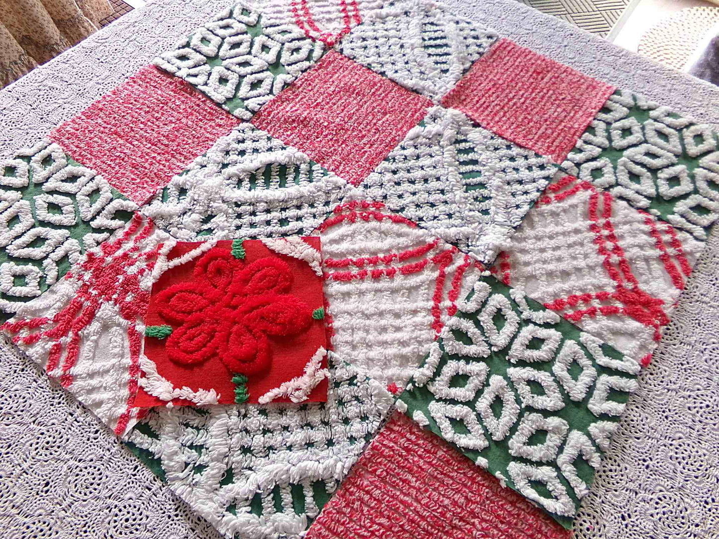 Christmas Chenille Quilt Squares, Set of 17 Festive Red, White & Green 6" Cotton Quilt Blocks, ideal for holiday crafts, quilting and sewing
