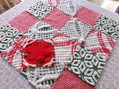 Christmas Chenille Quilt Squares, Set of 17 Festive Red, White & Green 6" Cotton Quilt Blocks, ideal for holiday crafts, quilting and sewing