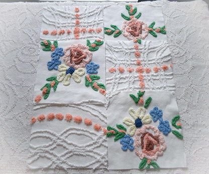 summer garden chenille fabric squares, set of 6 vintage 7.5" quilt blocks, peach, white rose floral & geometric for sewing, crafts, quilting