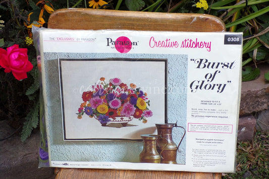 BURST of GLORY Crewel Vintage Paragon Needlecraft Embroidery Kit #0308, Boho Wildflower Floral Basket Stitchery, Fits 18" x 22" Frame Size