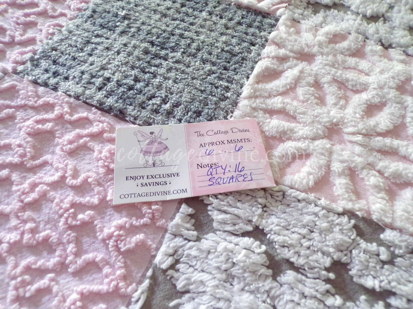 modern pink & grey chenille fabric squares, set of 16 vintage 6" quilt blocks for sewing, quilting, fiber arts