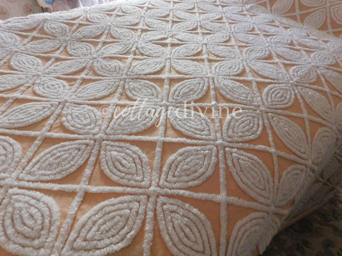 Spectacular Peach Bliss Large Floral Hofmann Vintage Chenille Bedspread, Full