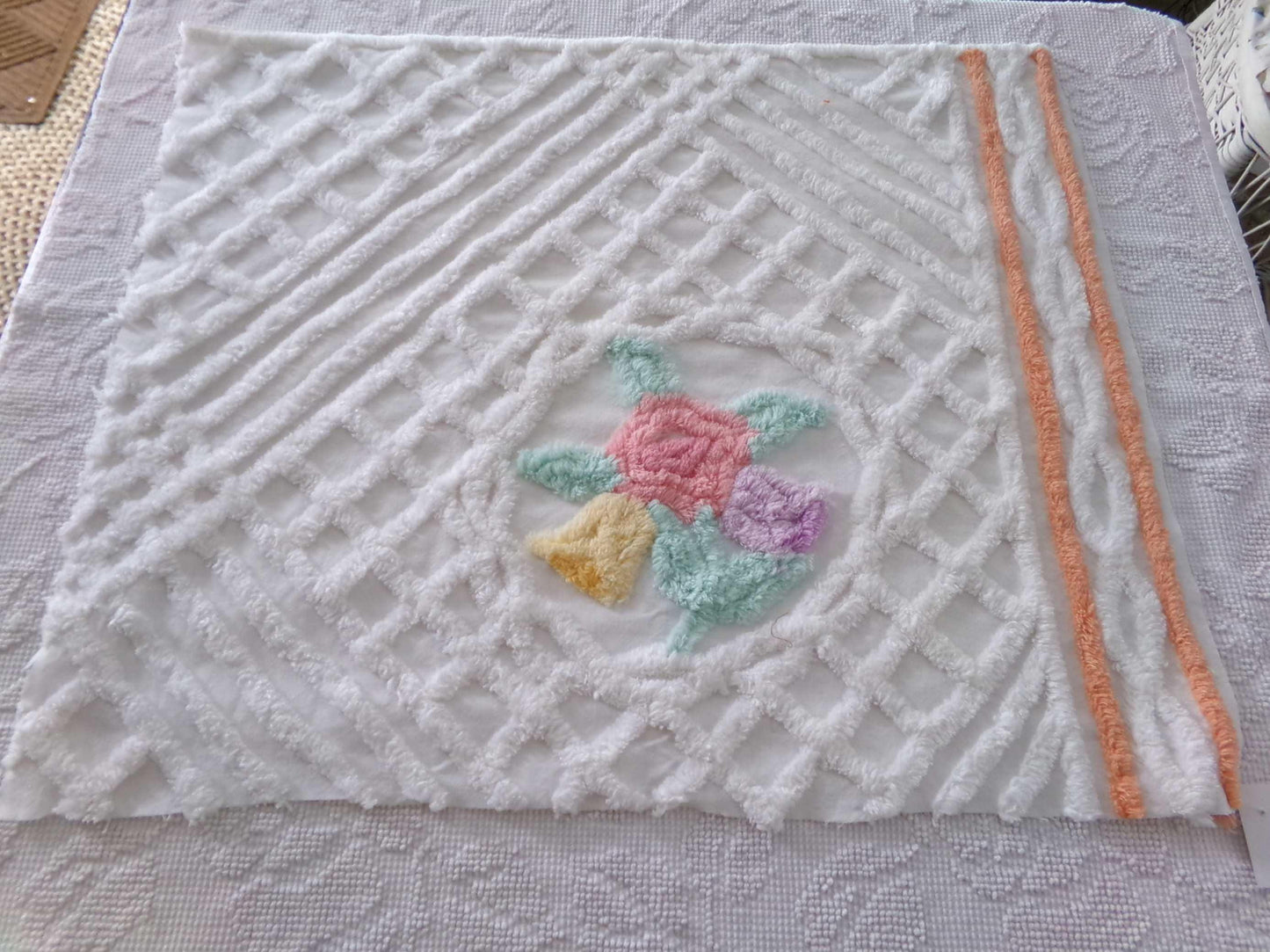 pastel springtime flower bouquet in tufted white webbed chenille, 21" x 25" inch vintage fabric piece