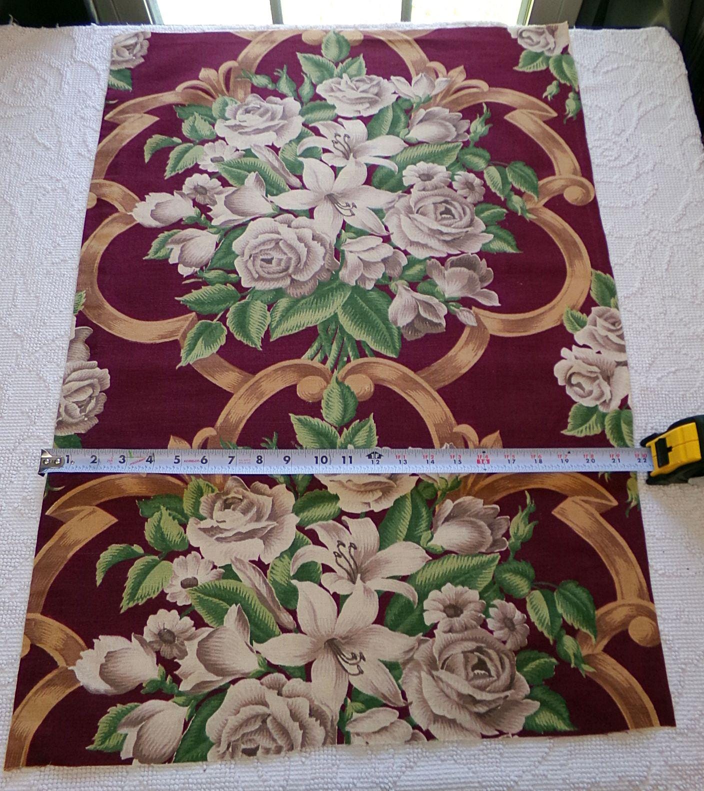 Shabby Vintage Barkcloth STYLE Cotton Fabric, Golden Beige Roses & Lilies on Rich Maroon Wine 21" x 30", Deconstructed Curtain Panel