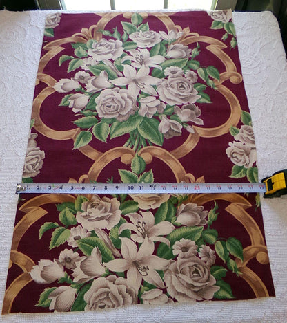 Shabby Vintage Barkcloth STYLE Cotton Fabric, Golden Beige Roses & Lilies on Rich Maroon Wine 21" x 30", Deconstructed Curtain Panel