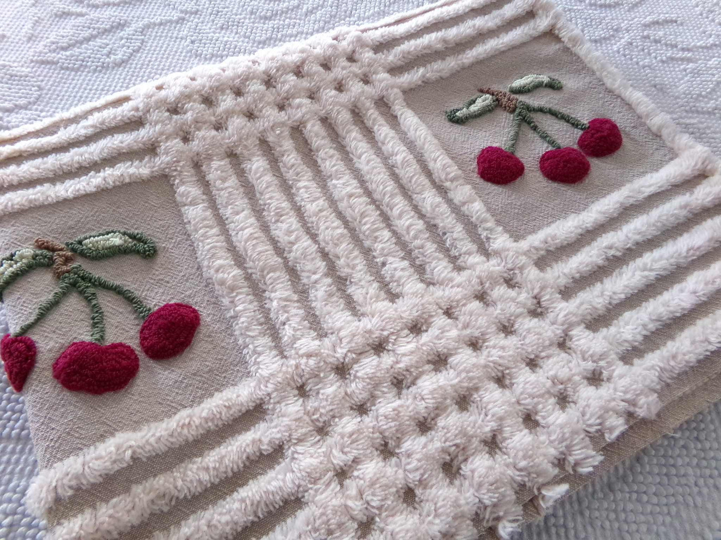 Adorable Cherries Vintage Chenille Fabric, 18" x 24" inch piece of sewing material with 6 cherry bunches for quilts, pillows, wall hanging