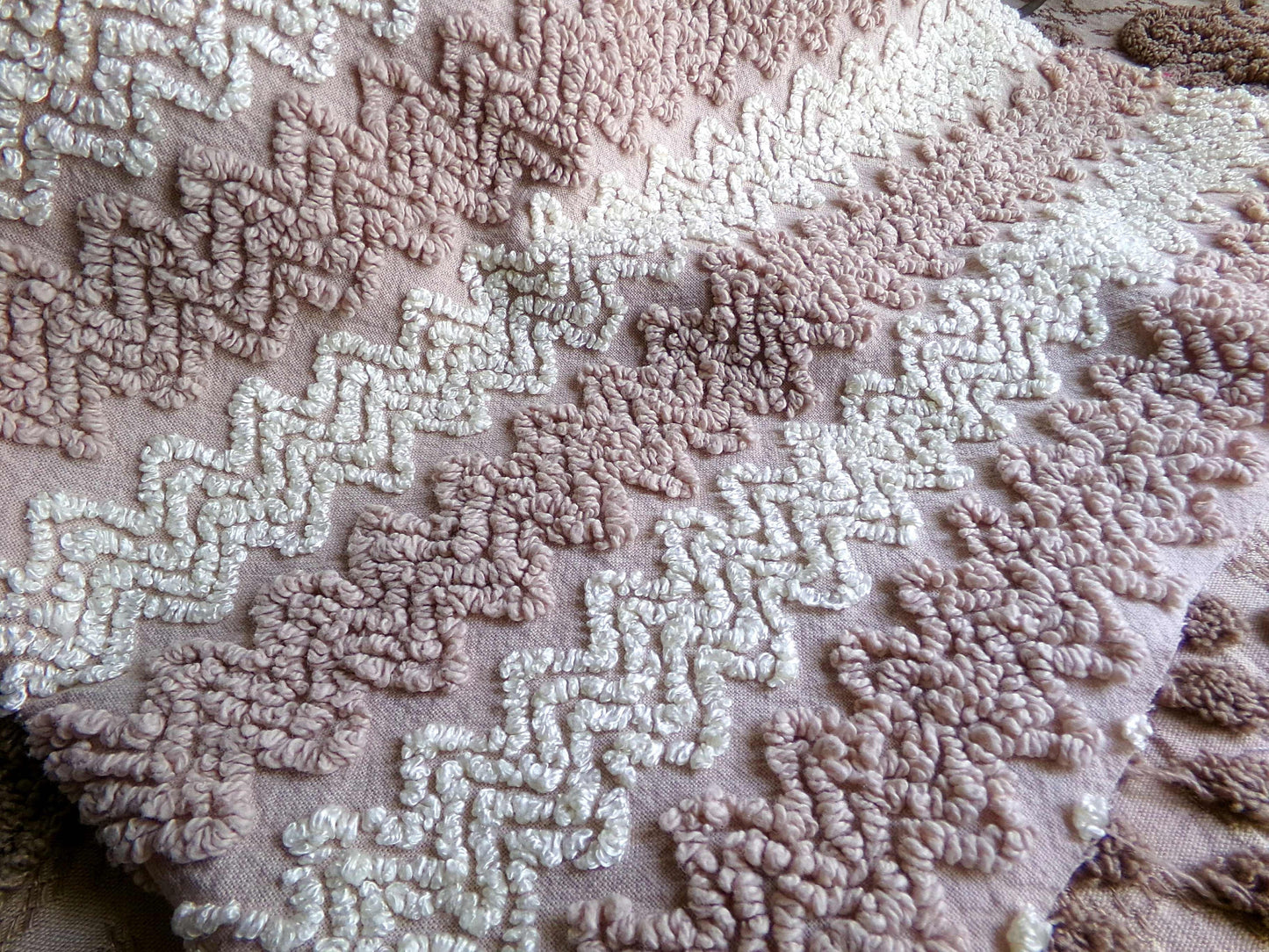 Vintage Chenille Fabric in Toasted Mocha & Vanilla Cream, 19" x 25" inch Piece, Texturized Zig Zags