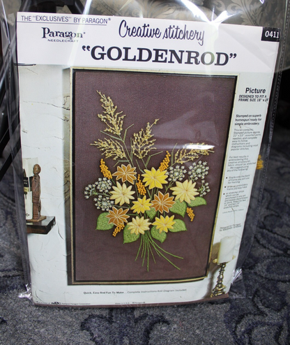 GOLDENROD Crewel Embroidery Kit Boho Hippie Floral Vtg Paragon Stitchery 0411
