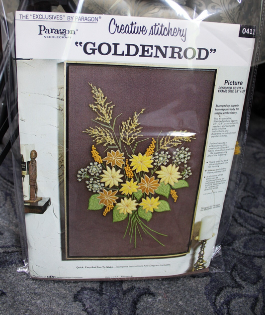 GOLDENROD Crewel Embroidery Kit Boho Hippie Floral Vtg Paragon Stitchery 0411