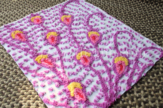Exotic Peacock Tail Feather Vintage Chenille FABRIC PIECE, 20" x 23" inches, Colorful Sprinkle Puffs