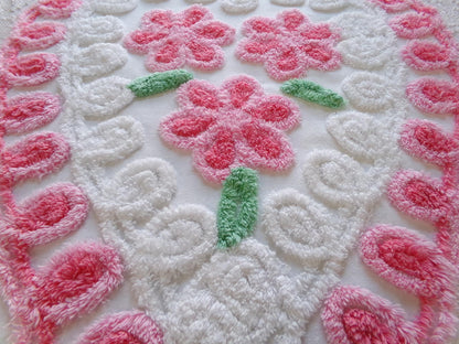 pretty pink heart vintage chenille fabric, a trio of roses with curlicue swirls, 17" x 23" inch piece of sewing material great for pillow
