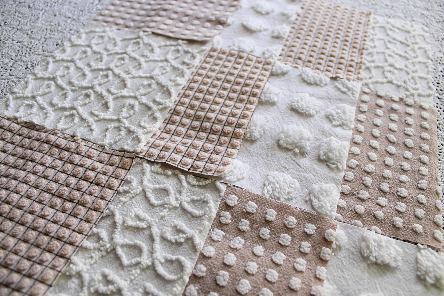 Trendy Neutral Chenille Squares, Vintage Meets Modern Craft Quilt Square Set from Vintage Bedspread Fabric, 16 Blocks, 6" x 6" inch