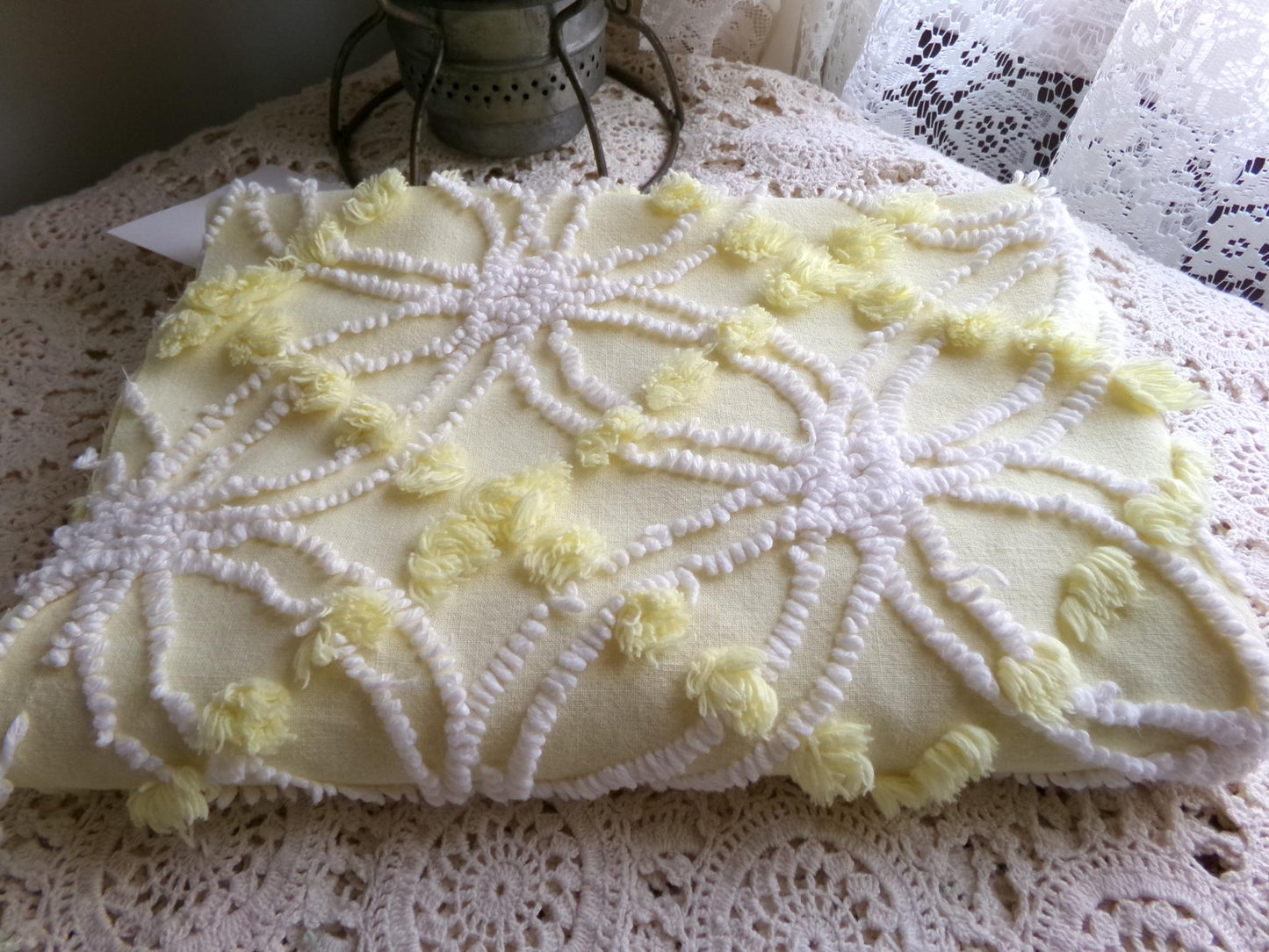 springtime yellow & white chenille fabric, vintage 27" x 21" inch piece of quilt material with fluffy pops, needletuft spider rings