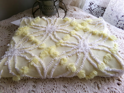 springtime yellow & white chenille fabric, vintage 27" x 21" inch piece of quilt material with fluffy pops, needletuft spider rings
