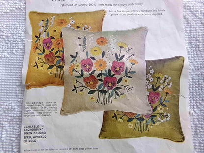 PANSY BOUQUET Pillow Kit by Paragon Creative Stitchery #0776 in Harvest GOLD, Vintage Hippie 1970s Crewel Embroidery, 14" x 14" Square Size