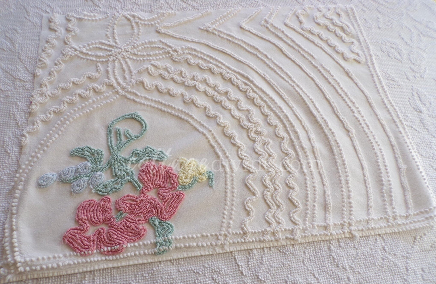 Magical Cottage Chic Lily Vintage Chenille Quilt Fabric Piece, 18" x 25" inches, Pretty in Pillows